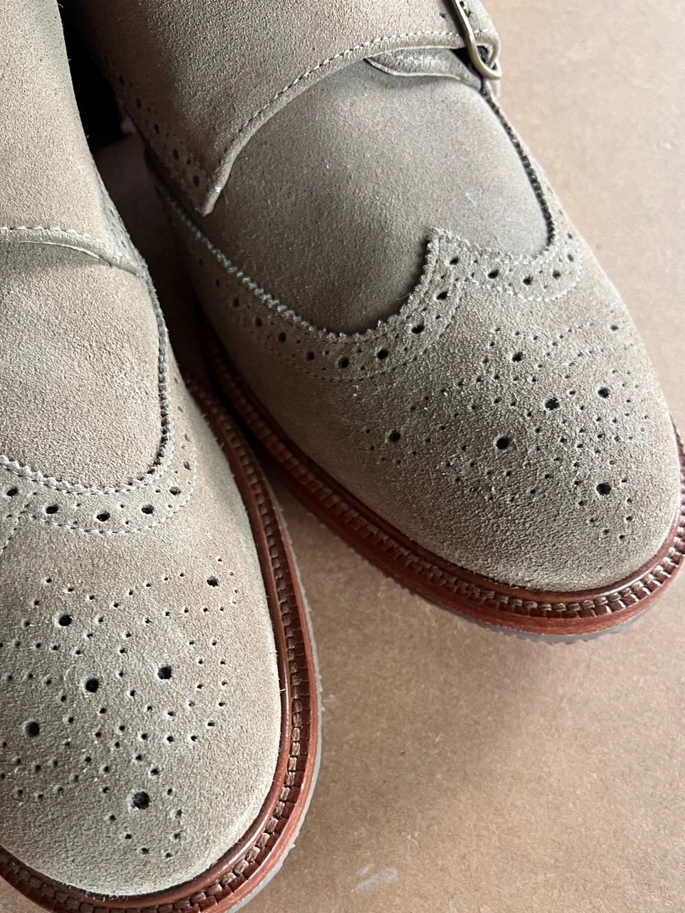 Trask Dress Shoes Mens Size 10.5 Taupe Suede Double Monk Strap Wingtip